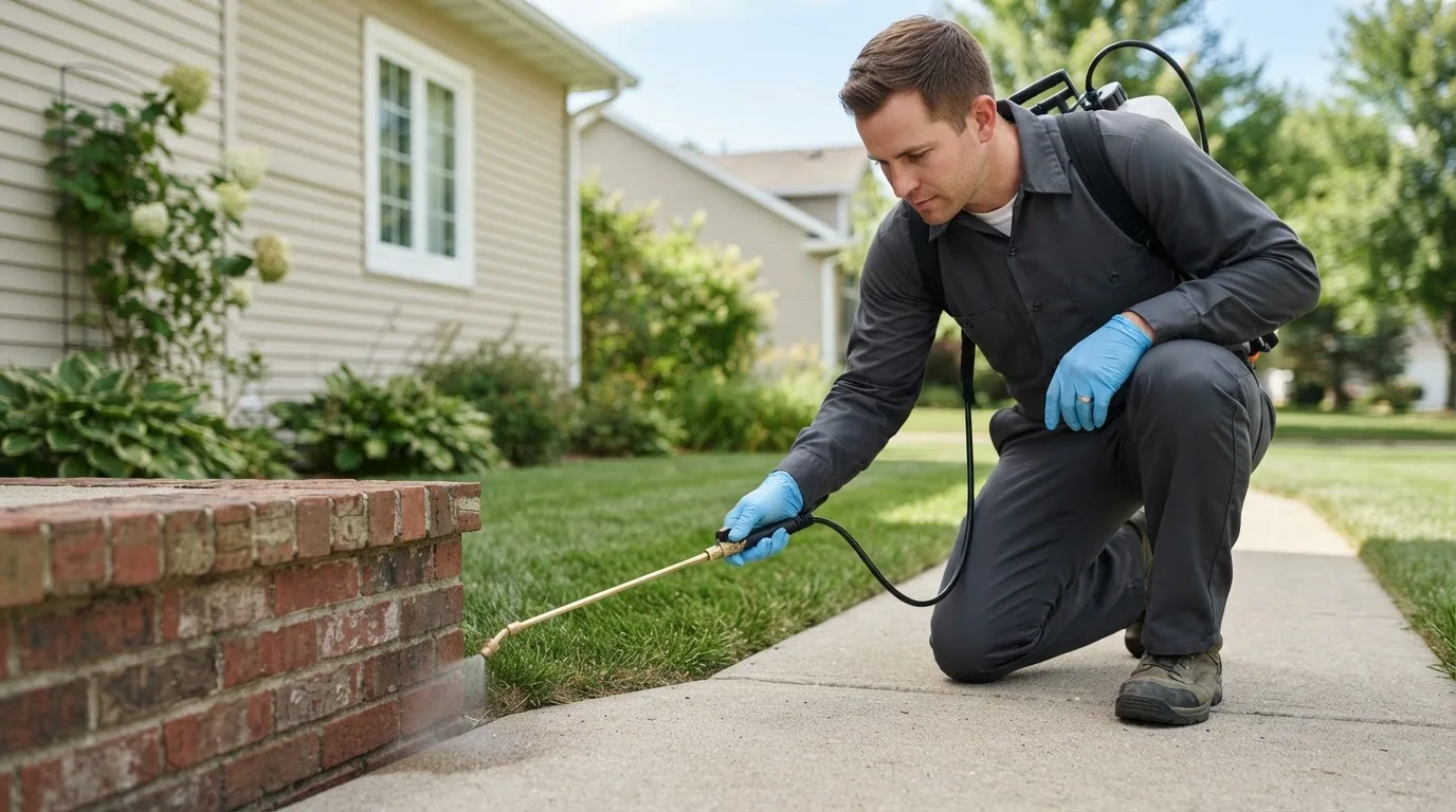 Pest control technician treating a home near Roanoke, IN