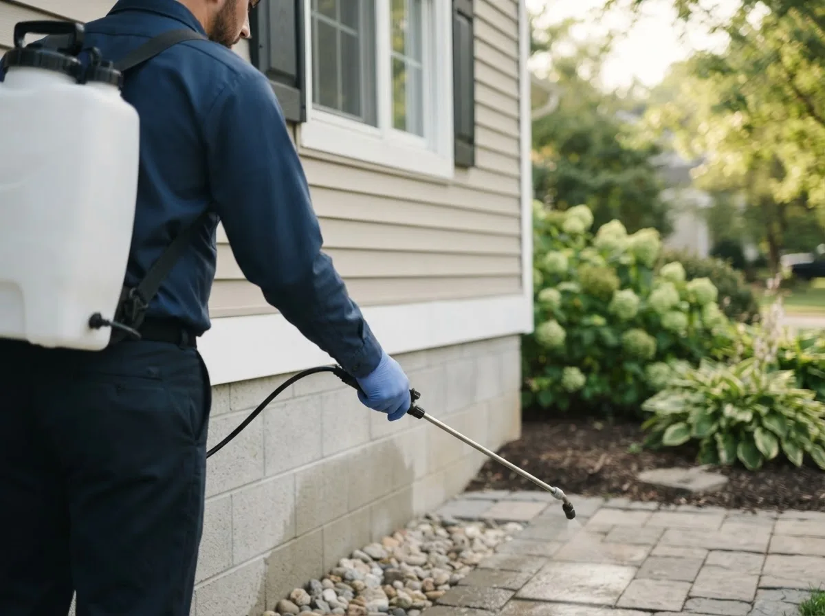 Pest control technician inspecting a home in Roanoke, IN